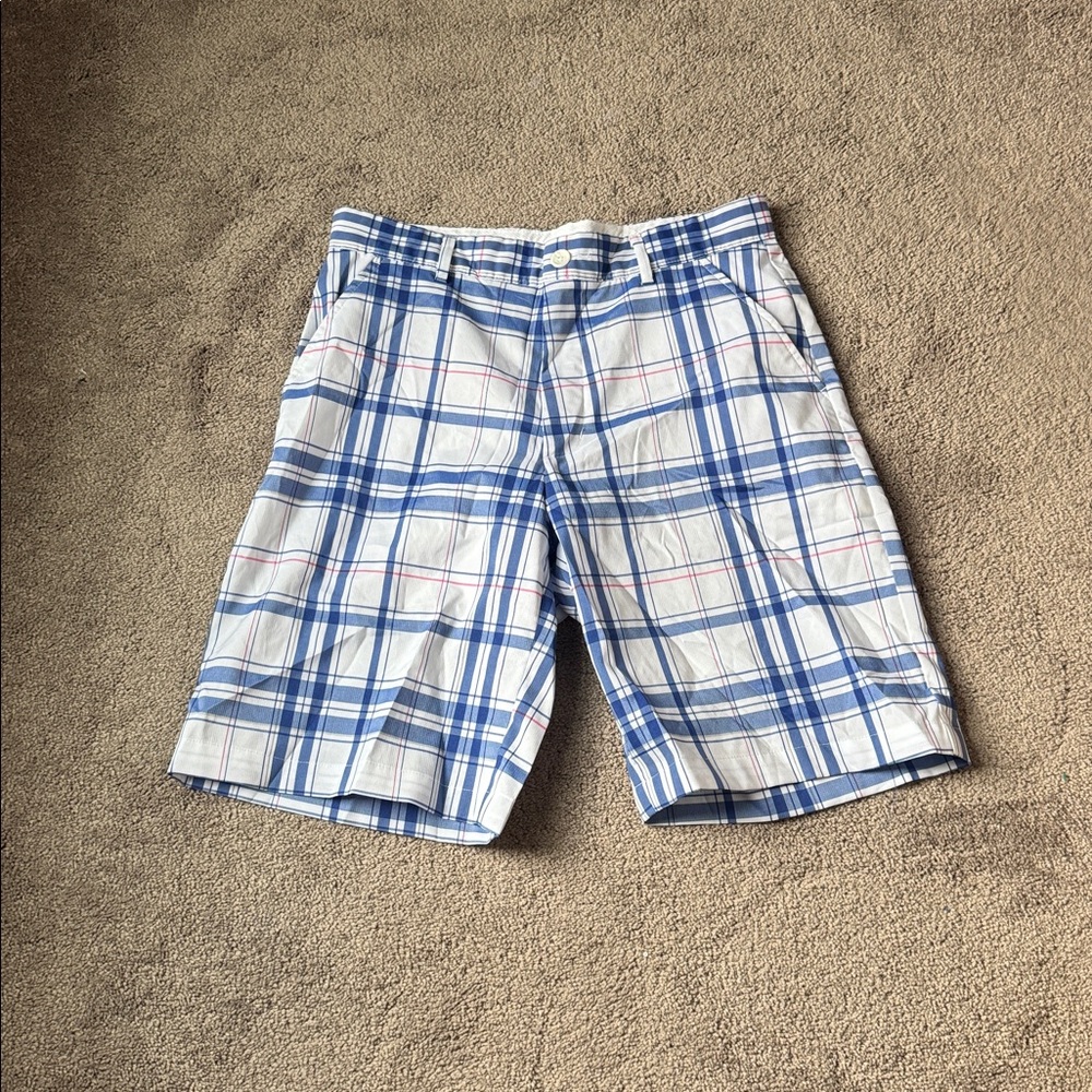 Greg Norman Collection Plaid Golf Shorts Blue White Flat Front SIZE 30